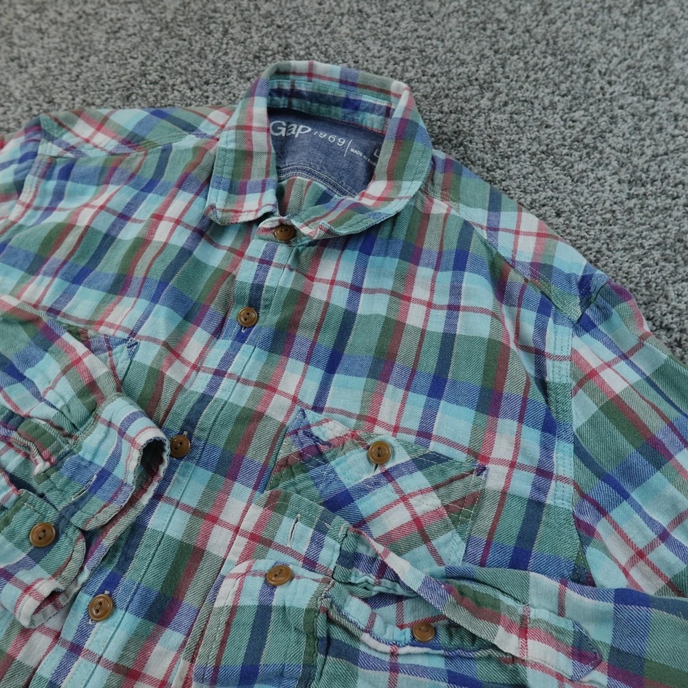 Gap Shirt Mens L Green Plaid Linen Flannel Button Up Long Sleeve Casual‎ Outdoor